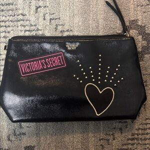 Victoria's Secret Black Cosmetic Clutch Bag with Pink Logo and Gold Heart Studs